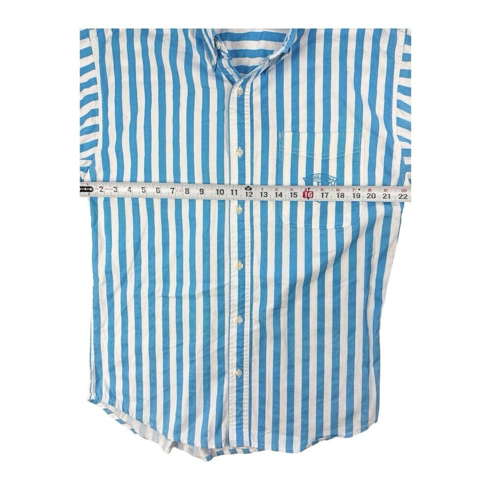Vintage 90s Blue and White Striped Bugle Boy Men’s Short Sleeve Shirt Medium - Picture 5 of 6